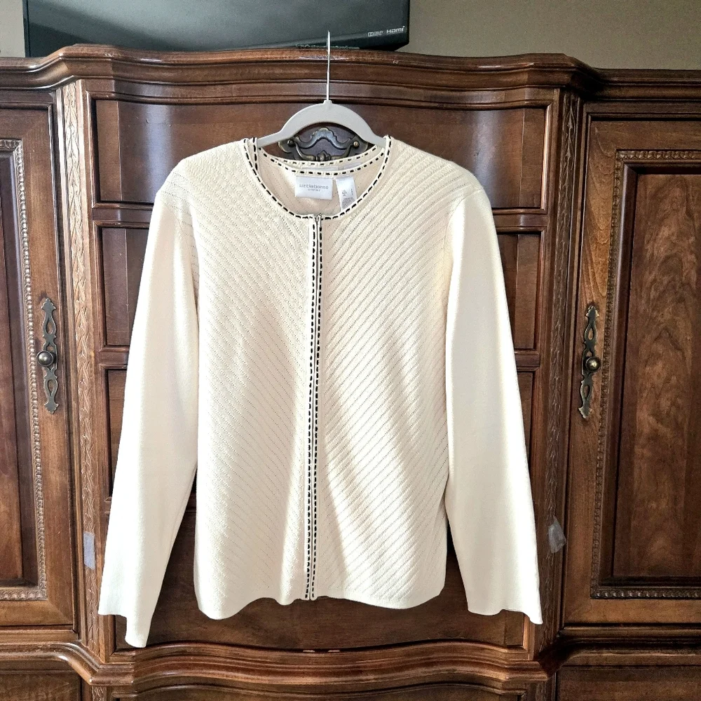 Liz Claiborne, Sweater twin-set. Off White/black. Large - Picture 3 of 15